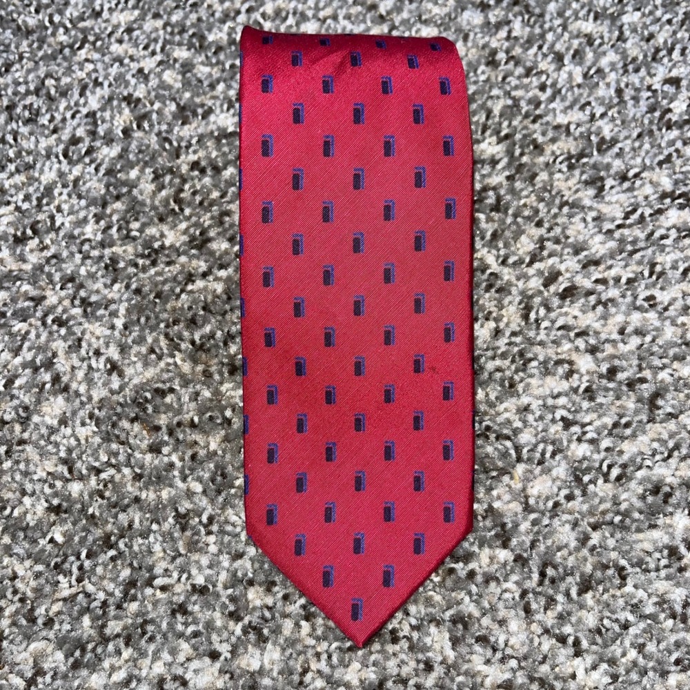 Vintage 80s Giorgio Armani Red Silk Cotton Geometric Pattern Skinny Tie 2.75in